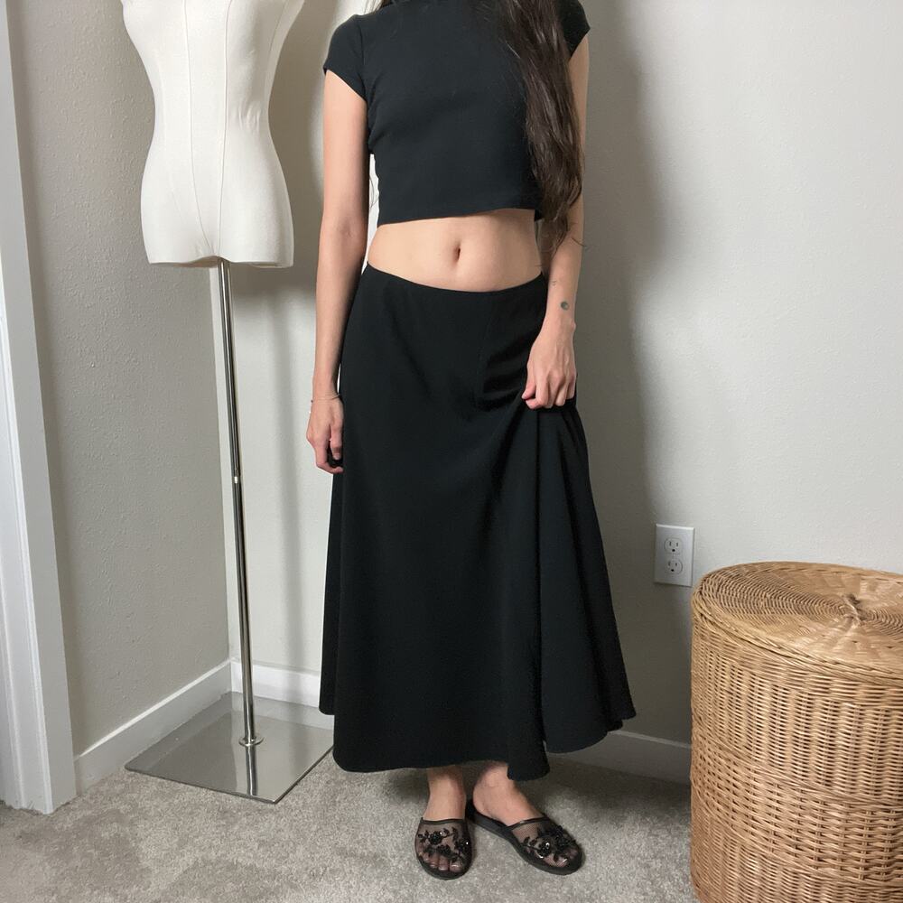 y2k vintage black minimalist low rise flowy bias midi maxi skirt